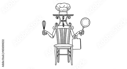 Chef chair kitchen utensils cooking tools culinary art design restaurant equipment food preparation outline drawing