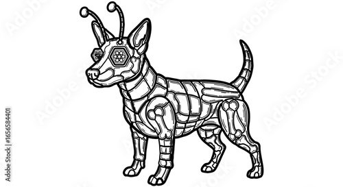 Steampunk dog robot vector illustration, mechanical pet drawing, outline futuristic animal design concept art