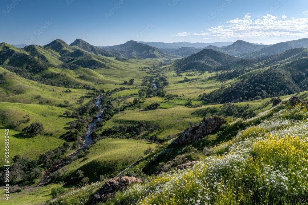Fototapeta premium Panoramic view of a valley with rolling hills and a meandering river