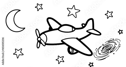 Airplane flying in space with stars and moon vector illustration coloring page for kids and children