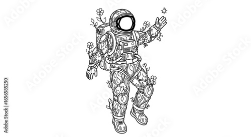 Astronaut reaching for a star in space with floral vines and leaves vector illustration design art 100