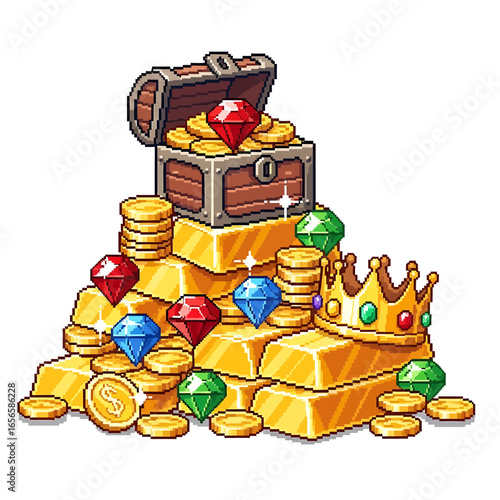 An illustration of a treasure chest filled with gold, gems, and a crown.