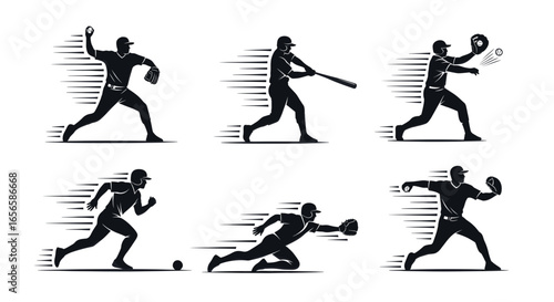 Dynamic silhouettes of baseball players in various action poses, illustrating key moments of the game.