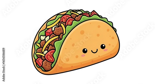 Adorable Taco Cartoon Illustration with Smiling Face and Delicious Filling on White Background