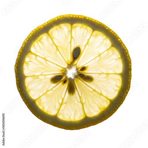 Translucent Lemon Slice Against Black Background with Seeds Detail and Yellow Illuminated Segments Showing Citrus Fruit Texture