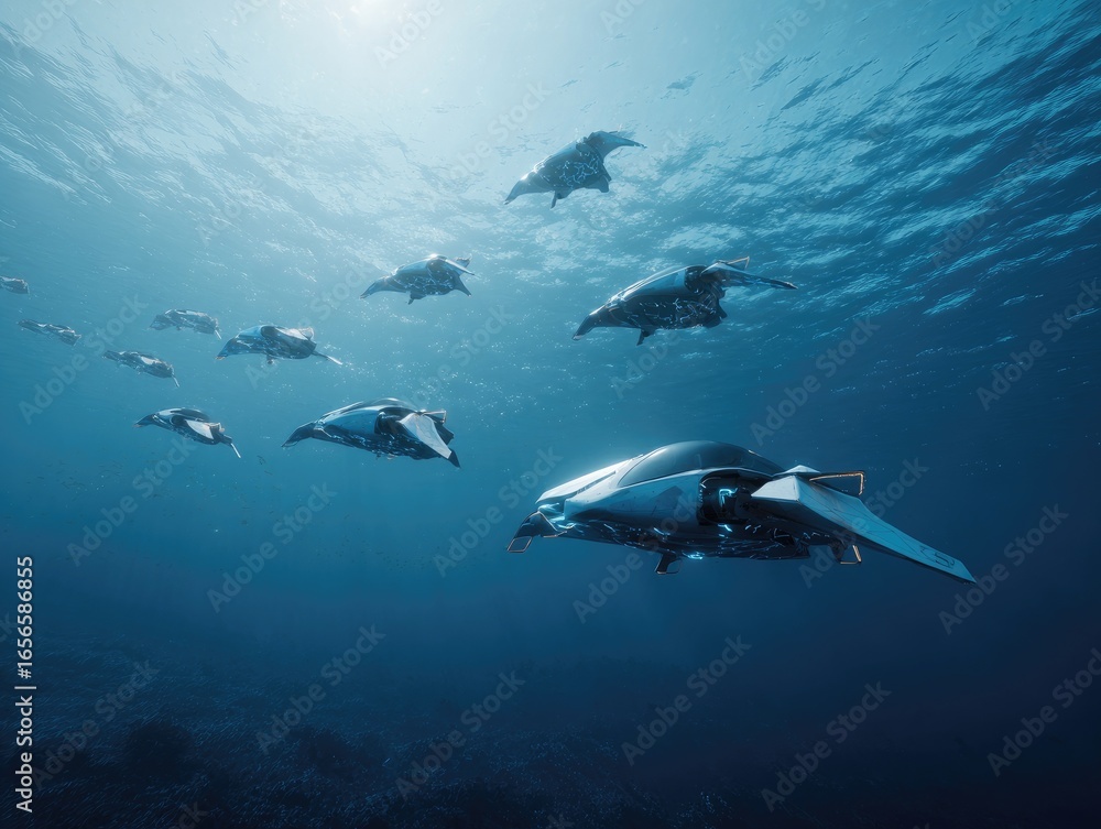 Fototapeta premium Futuristic fleet of underwater vehicles gliding through deep blue ocean