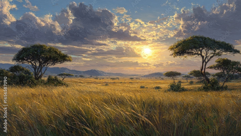 Obraz premium Sunset over a golden savanna