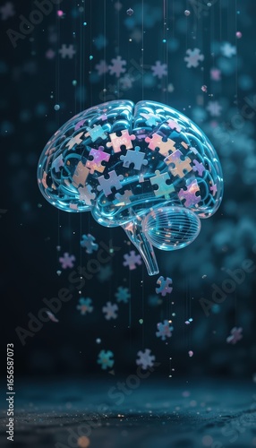 vertical A conceptual puzzle brain with glowing light inside