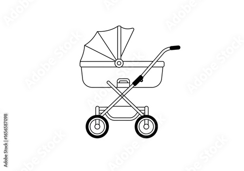 A baby stroller with a bassinet and canopy on a white background