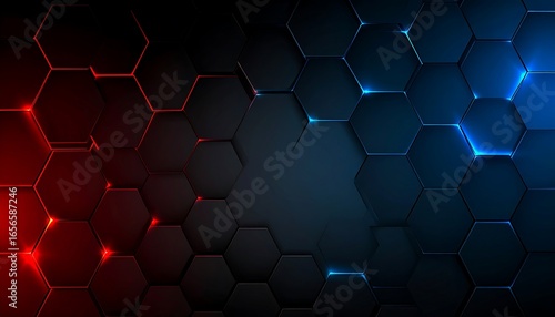 Hexagonal pattern with glowing red and blue lines.