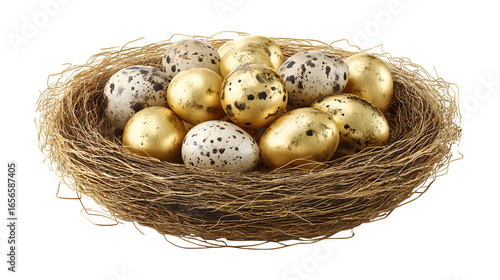 golden Easter nest filled with eggs isolated on white background, HD realistic