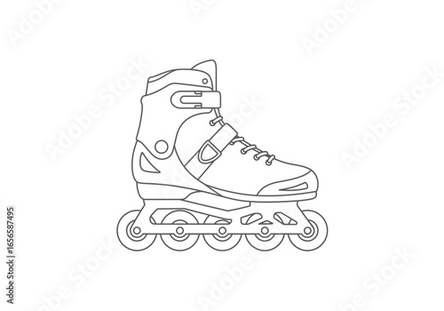 An outlined illustration of an inline skate highlighting its boot frame  wheels
