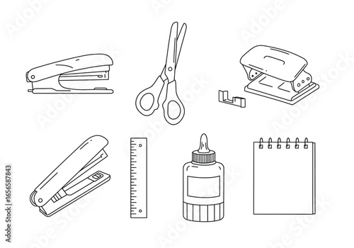 Line art depicts office supplies staplers scissors hole punch ruler glue and a notebook