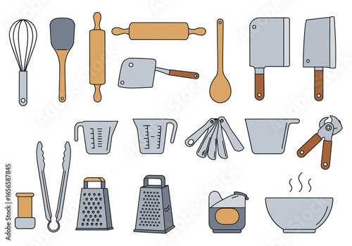 Kitchen tools whisks spoons rolling pins measuring cups graters tongs knives and bowls