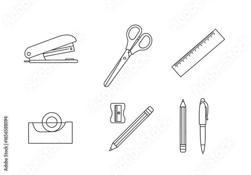 Outlined office supplies include a stapler scissors ruler tape dispenser pencil sharpener and pen