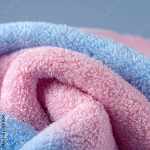 Close-up of soft, fluffy towels in pastel blue and pink, gently curled