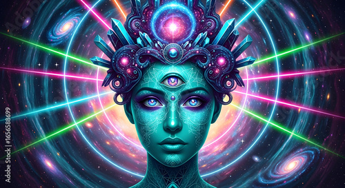 The astral projection of a divine goddess awakening her consciousness within a vibrant cosmic realm.