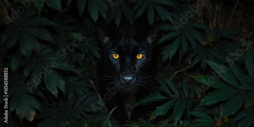 Fototapeta Naklejka Na Ścianę i Meble -  Mysterious black panther with glowing yellow eyes emerges from dense dark jungle foliage at night