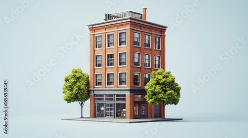 Architectural Render: Quaint Four-Story Building with Classic Brick Facade and Trees
