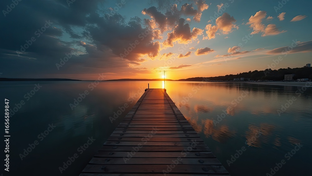 Obraz premium Wooden pier at sunset over a calm lake.