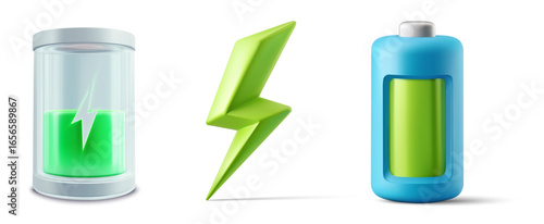 Set of battery and energy icons: green full charge cylinder, lightning bolt, and blue power cell with level indicator. Clean realistic vector illustration for charging, electricity and eco themes.