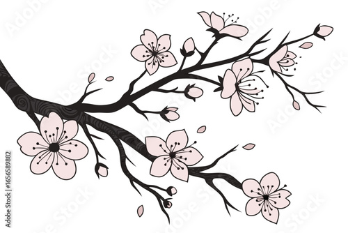 Cherry blossom branch with delicate pink flowers, japanese spring motif