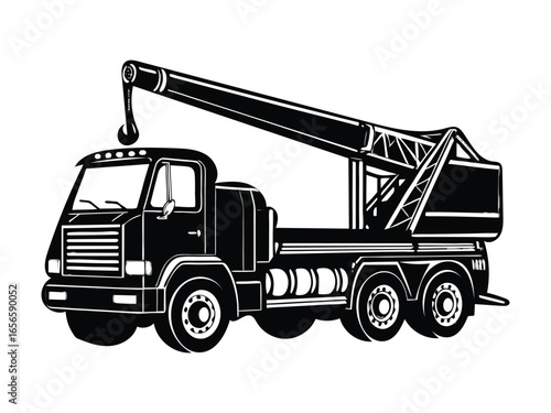 Bold Black and White Crane Truck Illustration Heavy Machinery with an Extended Boom Ready for Lifting Operations Industrial Transport