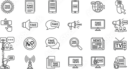 fake news icons, misinformation symbols, disinformation graphics, media manipulation, internet lies, propaganda vector, false information, online hoax, rumor spreading, social media