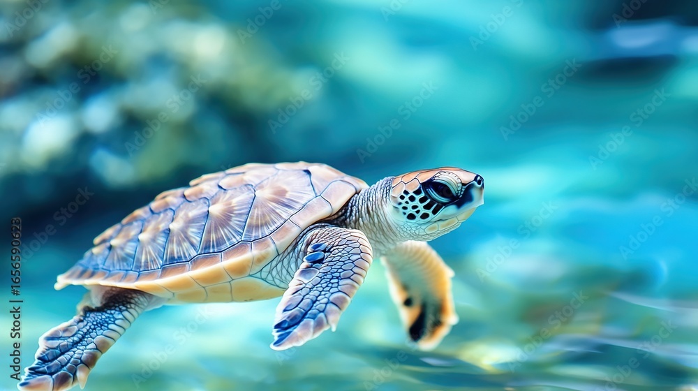 Obraz premium Cute Sea Turtle Swims in Clear Sea Water with Corals and Other Marine Creatures, Showing Wonderful Marine Ecology