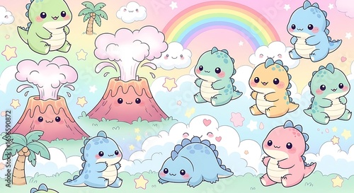 Cute Cartoon Dinosaurs and Volcanoes with Rainbow in a Whimsical Pastel World 