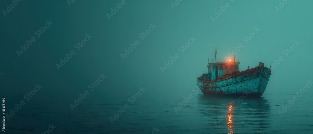 Obraz premium Mystical fishing boat in foggy waters at dawn