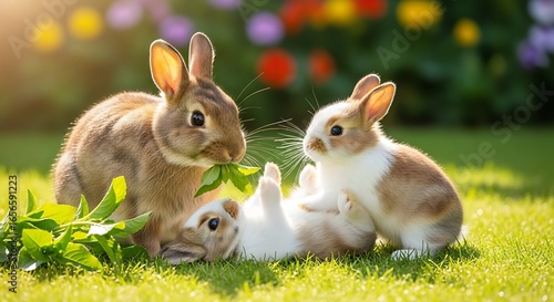Three adorable rabbits playing in lush green grass with colorful flowers in the background
