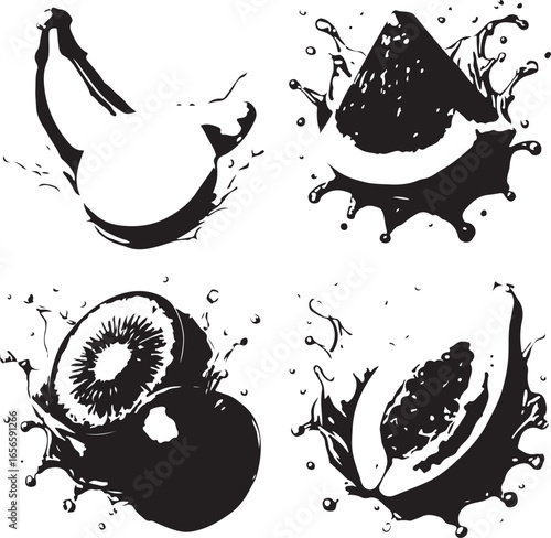 Fruit splashing in liquid black and white water juice