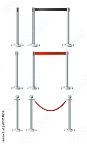 Retractable belt rack. Portable tape barrier. Red tape for fencing. Red carpet with red ropes on silver supports. Exclusive event, movie premiere, gala concert, awards ceremony.