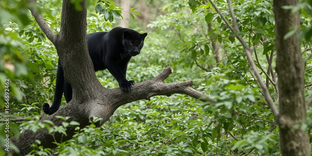 Obraz premium Majestic black panther perched on a tree branch in a lush green tropical rainforest
