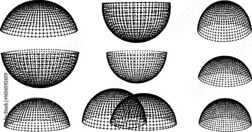 Dotted 3d hemisphere. Dome wireframe dots, geometric half sphere shapes with dotted patterns. Digital power shield, futuristic graphics isolated vector set