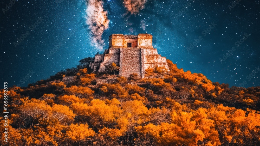 Fototapeta premium Ancient Mayan ruin atop hill, starry night