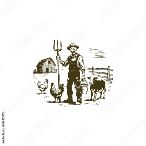 Vintage engraving style illustration of a zombie farmer standing on a farm with livestock animals vector