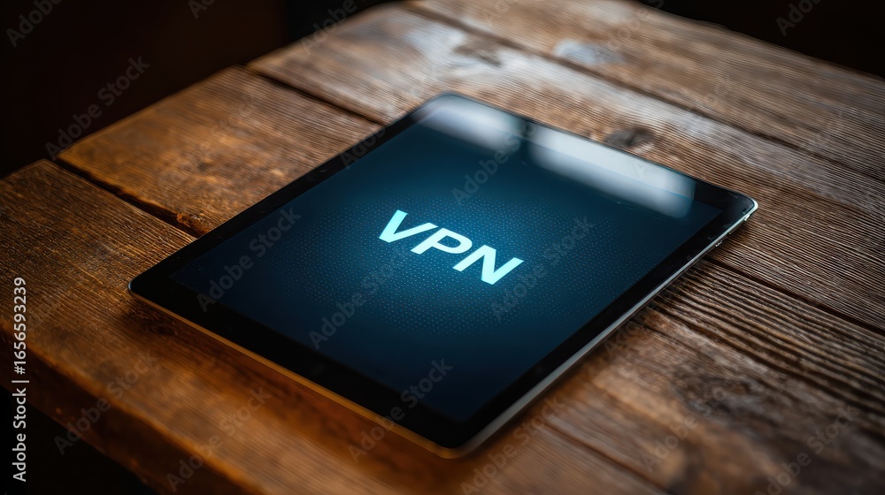 © Awais - Tablet displaying vpn on a wooden surface with a dark background and soft lighting in a close up shot © Awais - Tablet displaying vpn on a wooden surface with a dark background and soft lighting in a close up shot