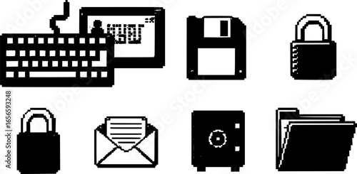 Pixel art computer icons. Tech devices, pixelated computer keyboard and screen, digital file, retro disk, security lock, email, safe and folder symbols. Office equipment 8 bit vector set.
