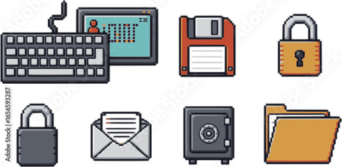 Pixel art computer icons. Tech devices, pixelated computer keyboard and screen, digital file, retro disk, security lock, email, safe and folder symbols. Office equipment 8 bit vector set.