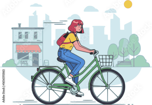 Young woman with vibrant pink hair riding a green bicycle, enjoying a leisurely journey through the city while embracing a healthy and sustainable lifestyle filled with freedom and fun