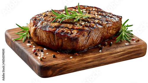 grilled beef steak on wooden board isolated on white background, HD realistic
