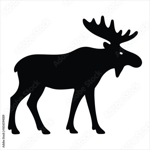 Silhouette of a majestic moose with large antlers standing on a white background