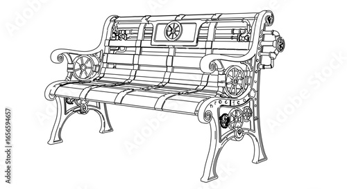 Outline drawing of a vintage cast iron park bench for outdoor seating and garden decoration furniture design