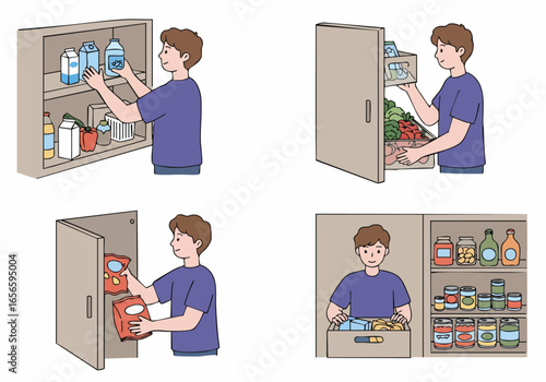 Illustration of a man diligently organizing and stocking his kitchen pantry with groceries and fresh produce.
