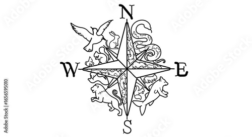 Compass rose with animals vector illustration for travel adventure and nautical design element concept art