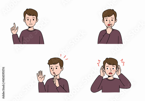 Various male character expressions and gestures depicting thought, surprise, silence, and discomfort.