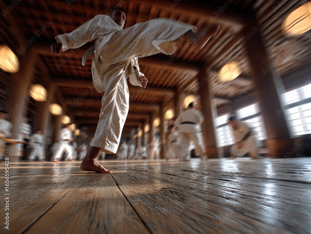 Fototapeta premium and keyword list based on the imageKarate Student Kicking During Training Session in a Traditional Japanese Dojo