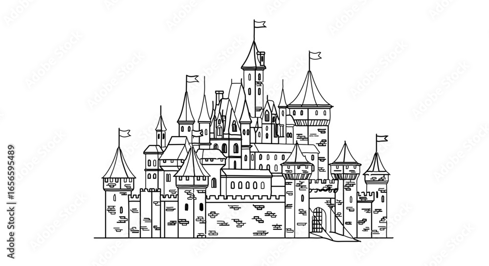 Fototapeta premium Magical fairytale castle illustration for coloring pages and fantasy themed designs vector drawing artwork